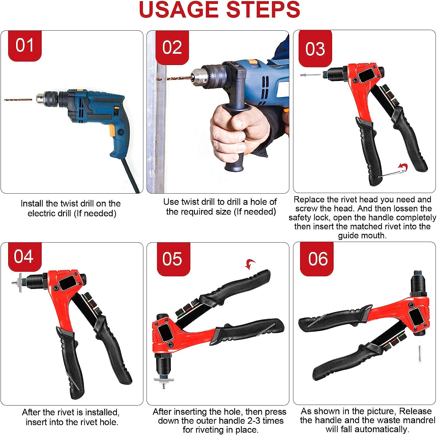 4 Interchangeable Rivet Heads Solid Blow Case PVC Handle Riveting Gun Set